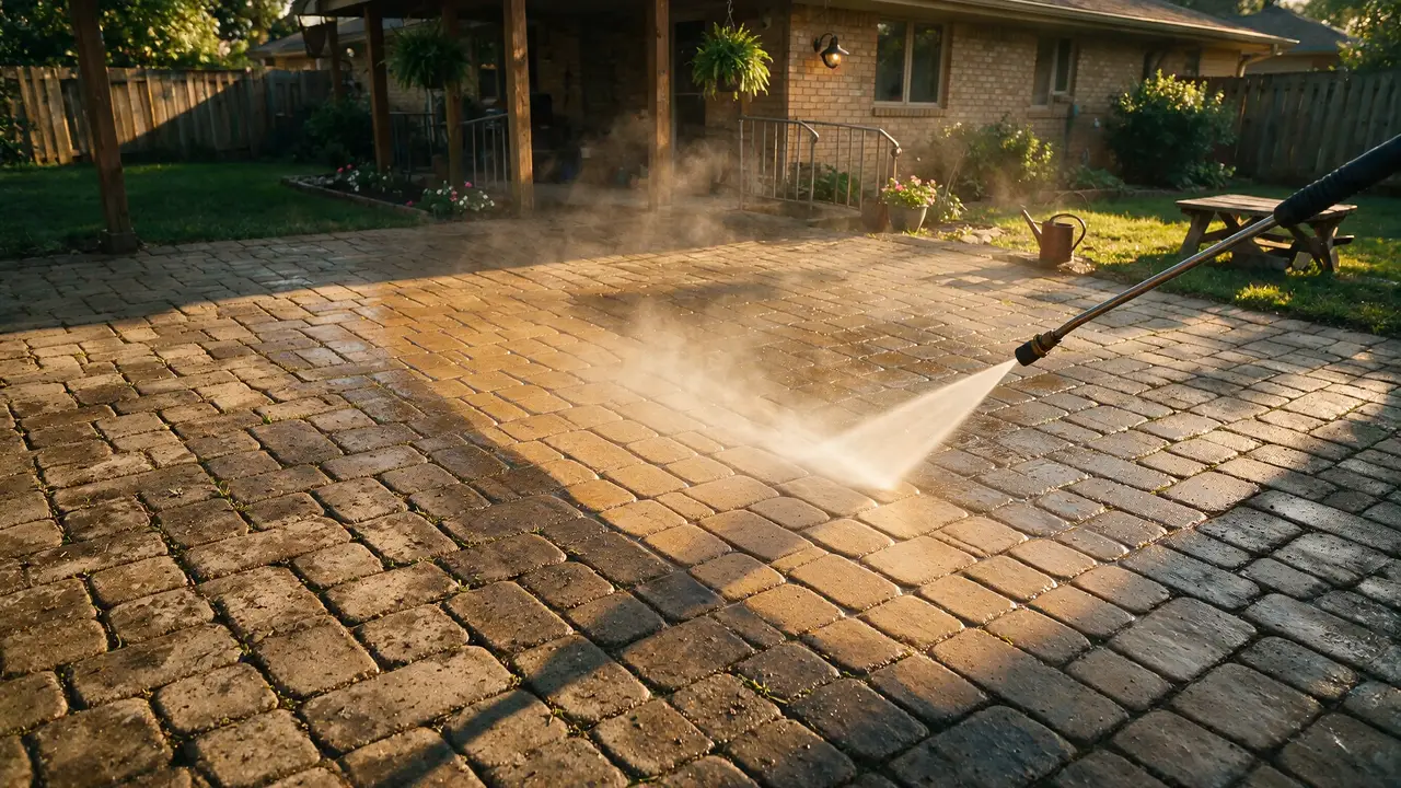 A pressure washer revealing bright clean pavers through the dirt, the clean sweep growing as the page scrolls